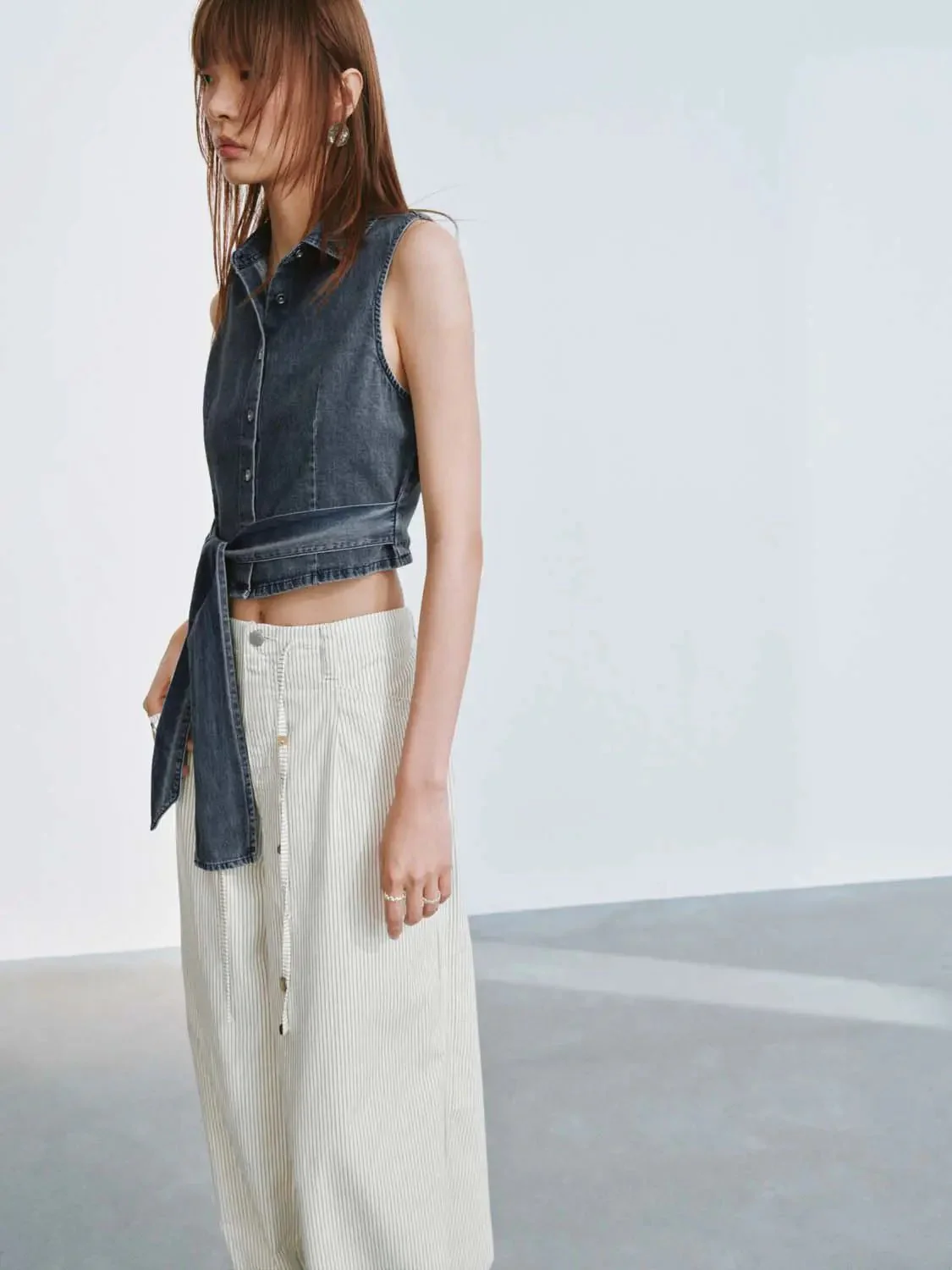 Tie-Front Sleeveless Denim Shirts