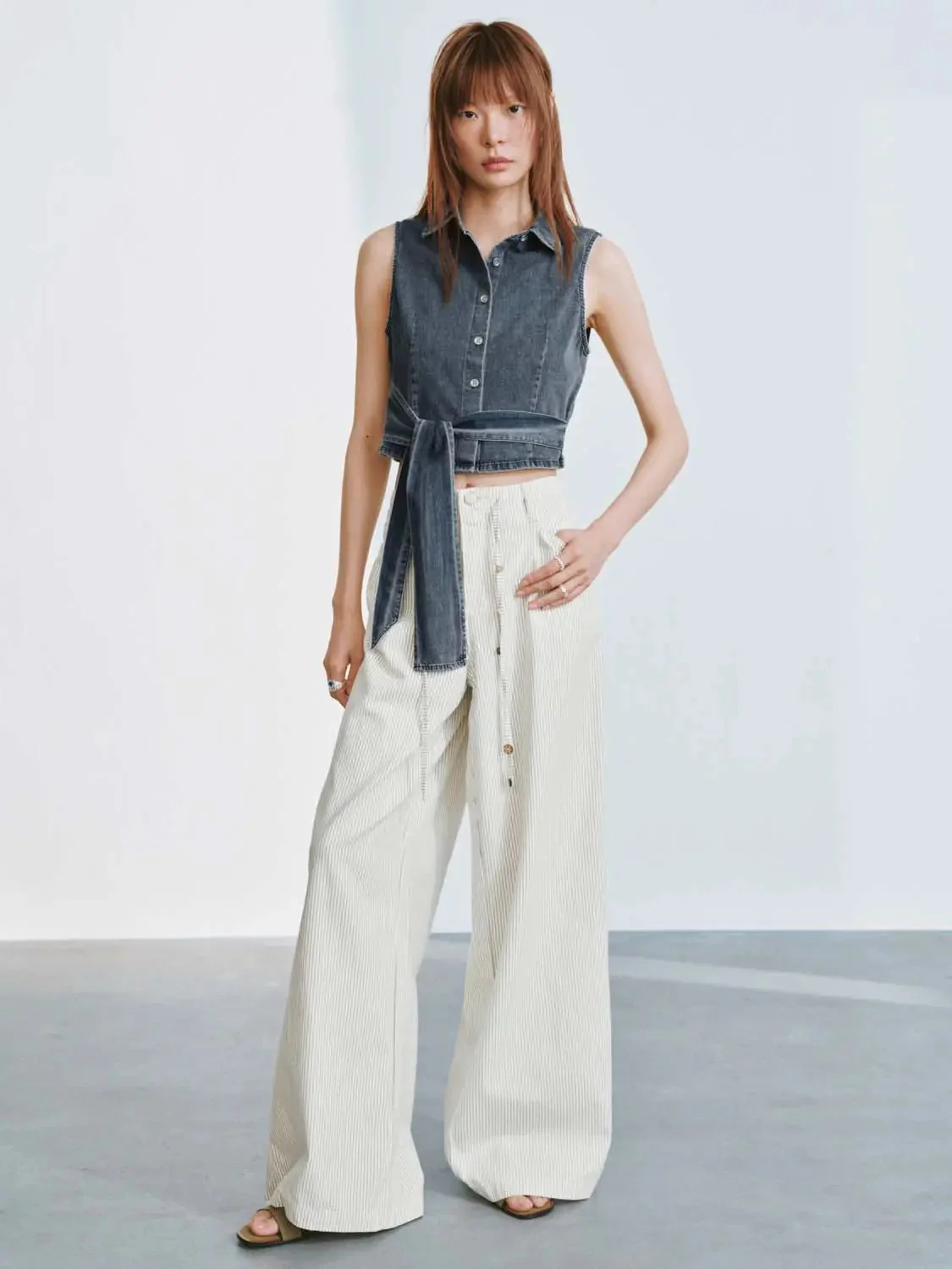 Tie-Front Sleeveless Denim Shirts