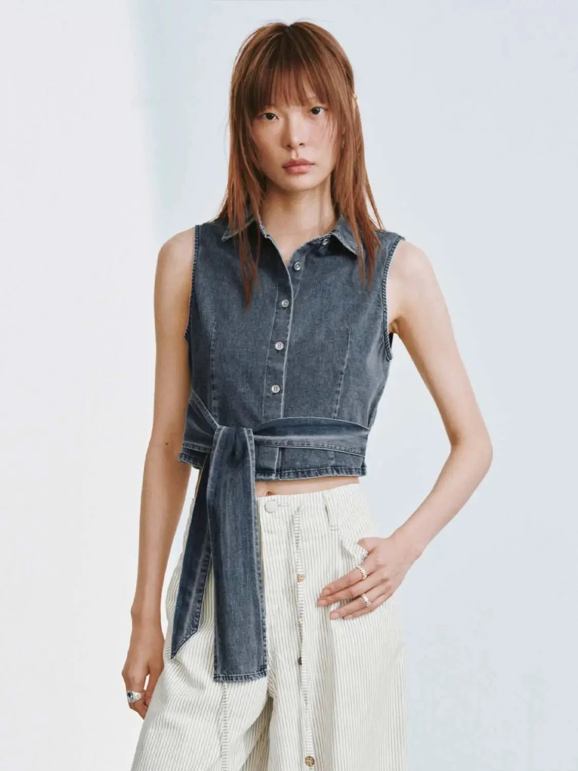 Tie-Front Sleeveless Denim Shirts