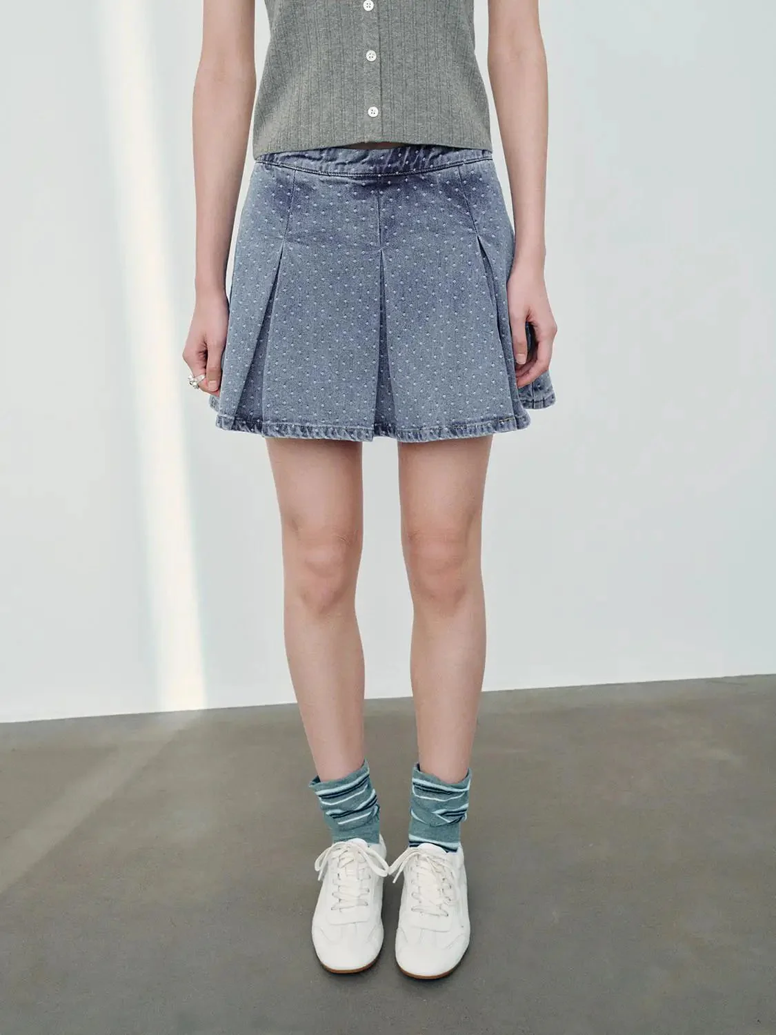 4001-polka-dotted-pleated-denim-mini-skirts-1.webp Polka Dotted Pleated Denim Mini Skirts
