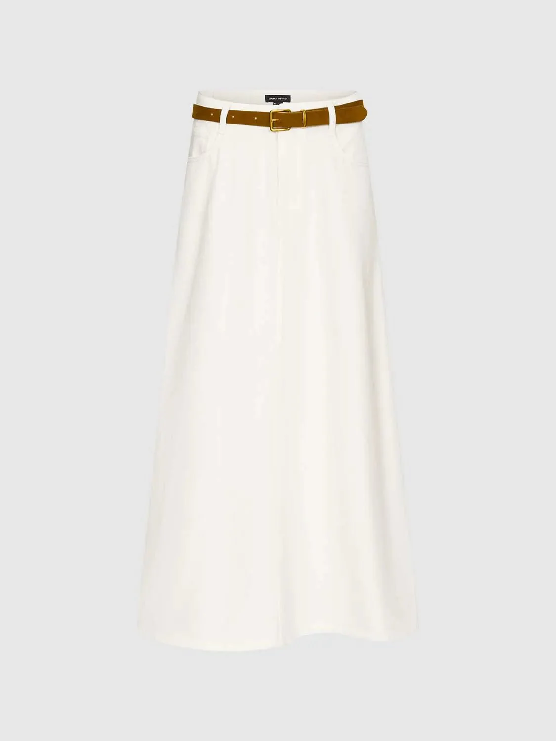 Cotton Viscose Belted Denim Classic Midi Skirt