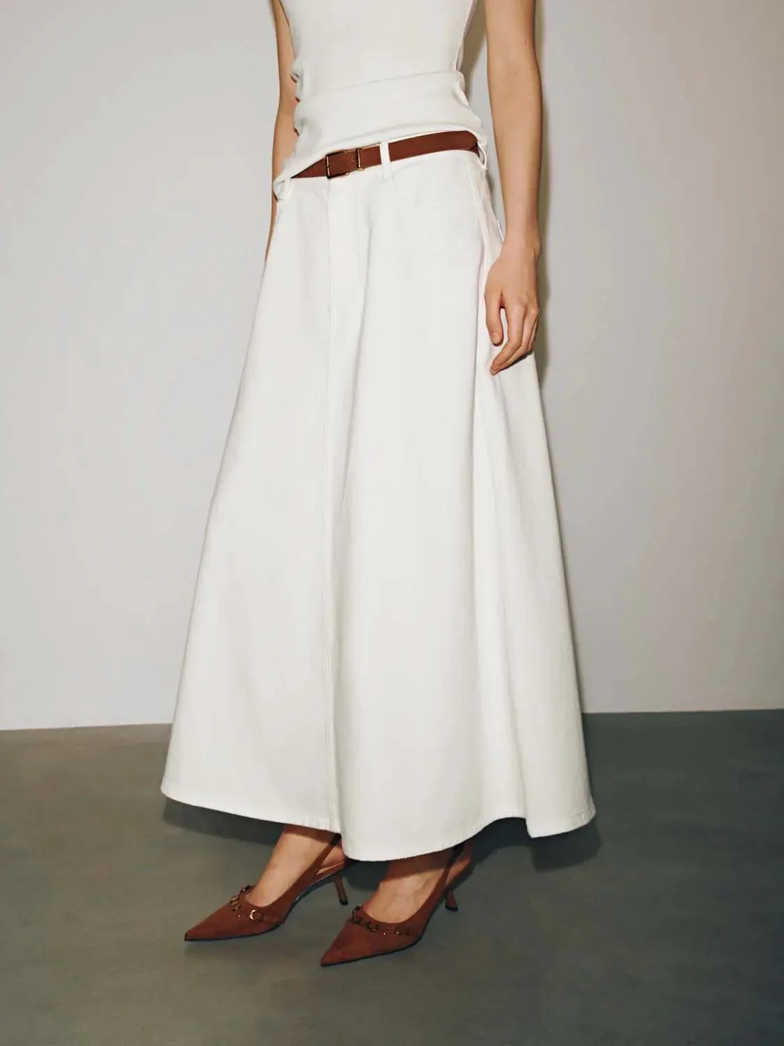 Cotton Viscose Belted Denim Classic Midi Skirt