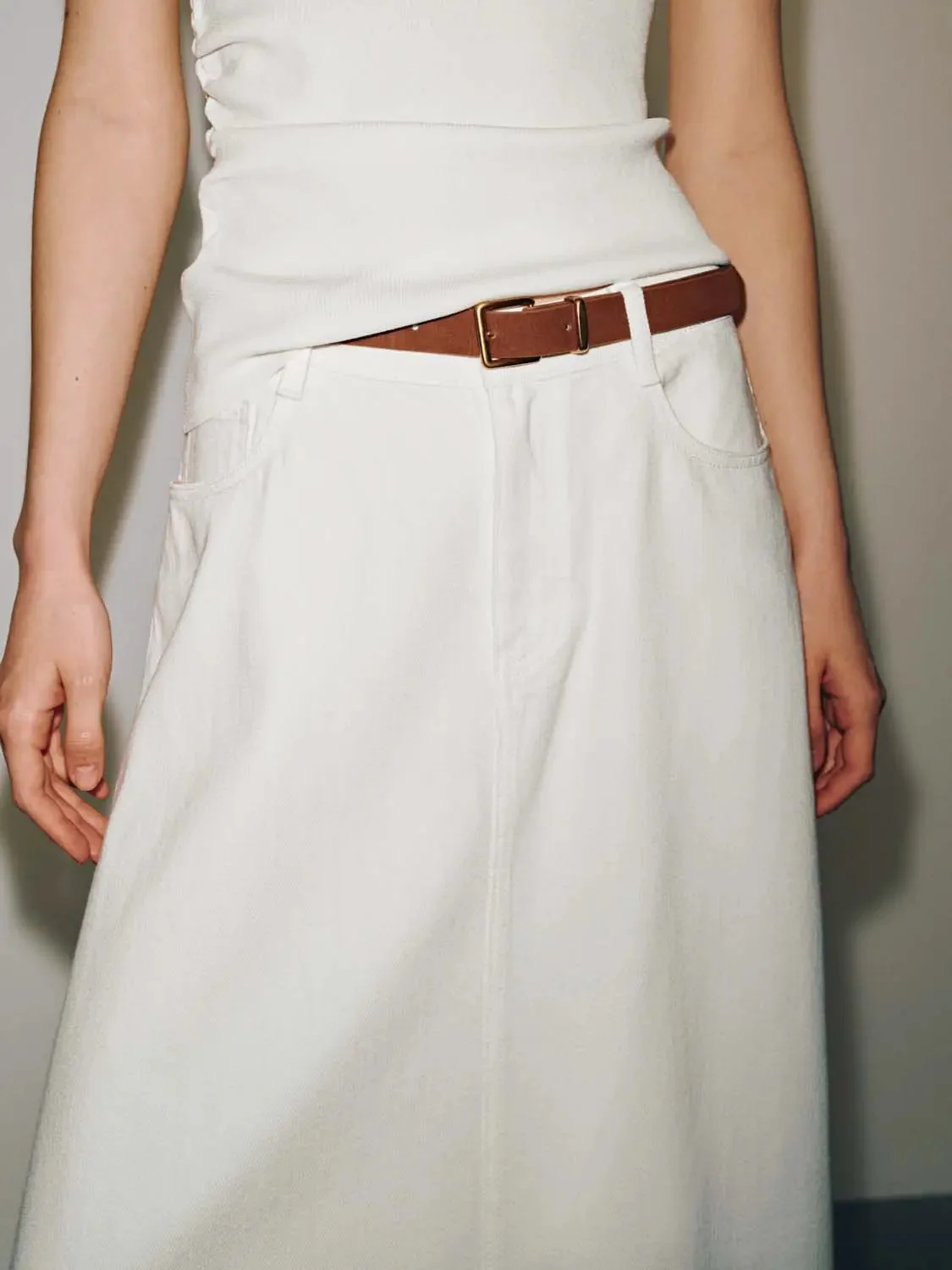 Cotton Viscose Belted Denim Classic Midi Skirt