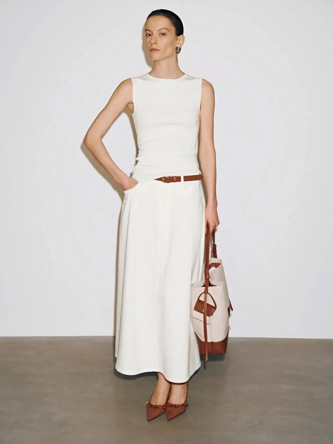 Cotton Viscose Belted Denim Classic Midi Skirt