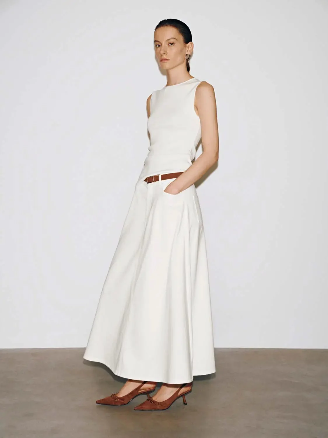 Cotton Viscose Belted Denim Classic Midi Skirt