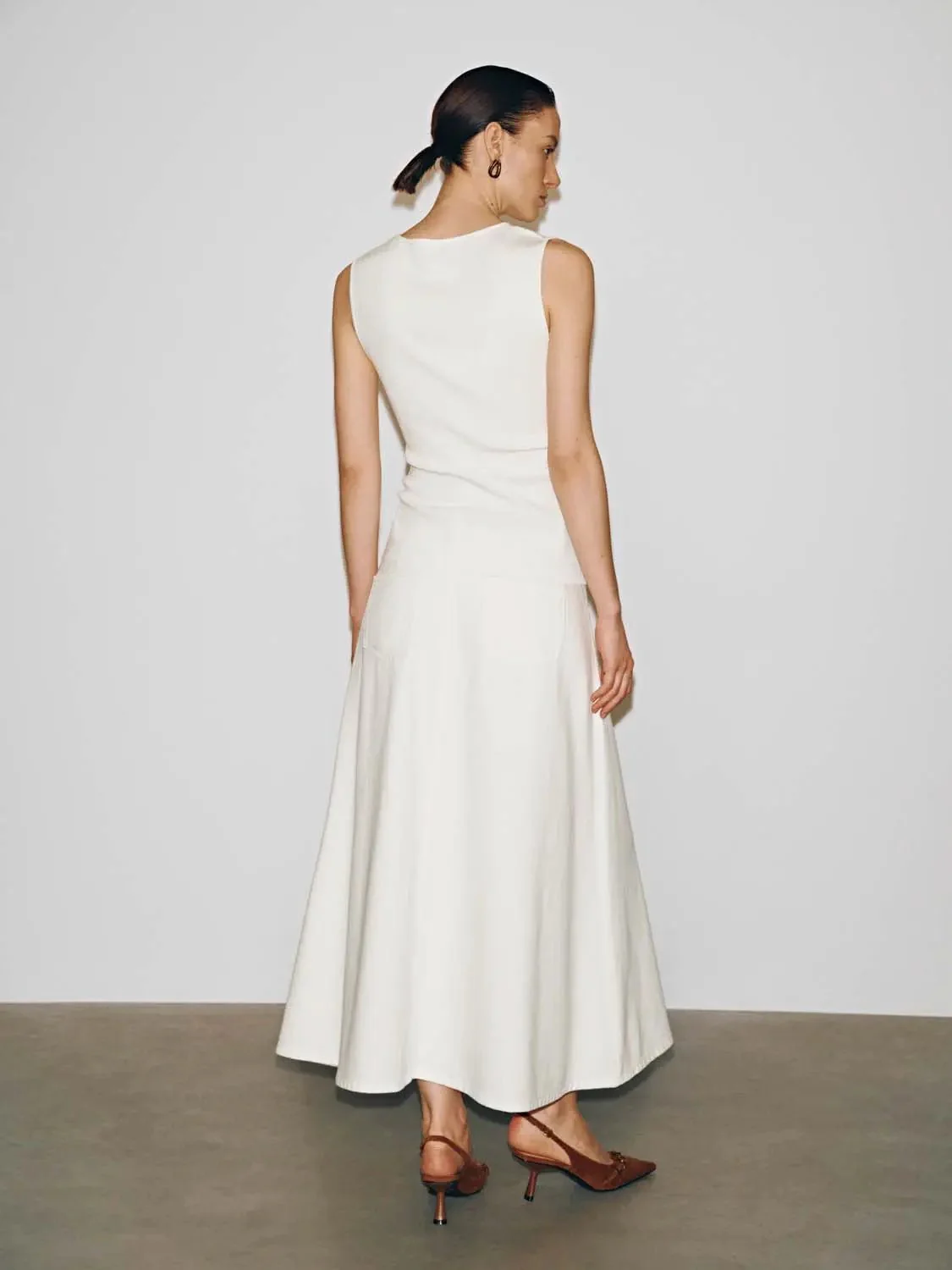 Cotton Viscose Belted Denim Classic Midi Skirt
