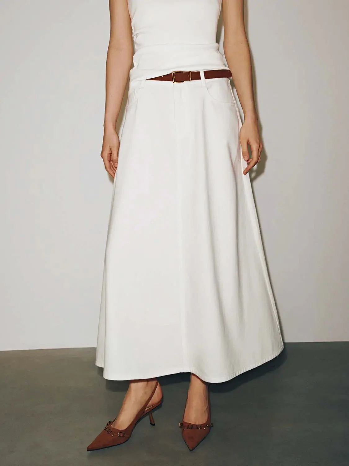 Cotton Viscose Belted Denim Classic Midi Skirt