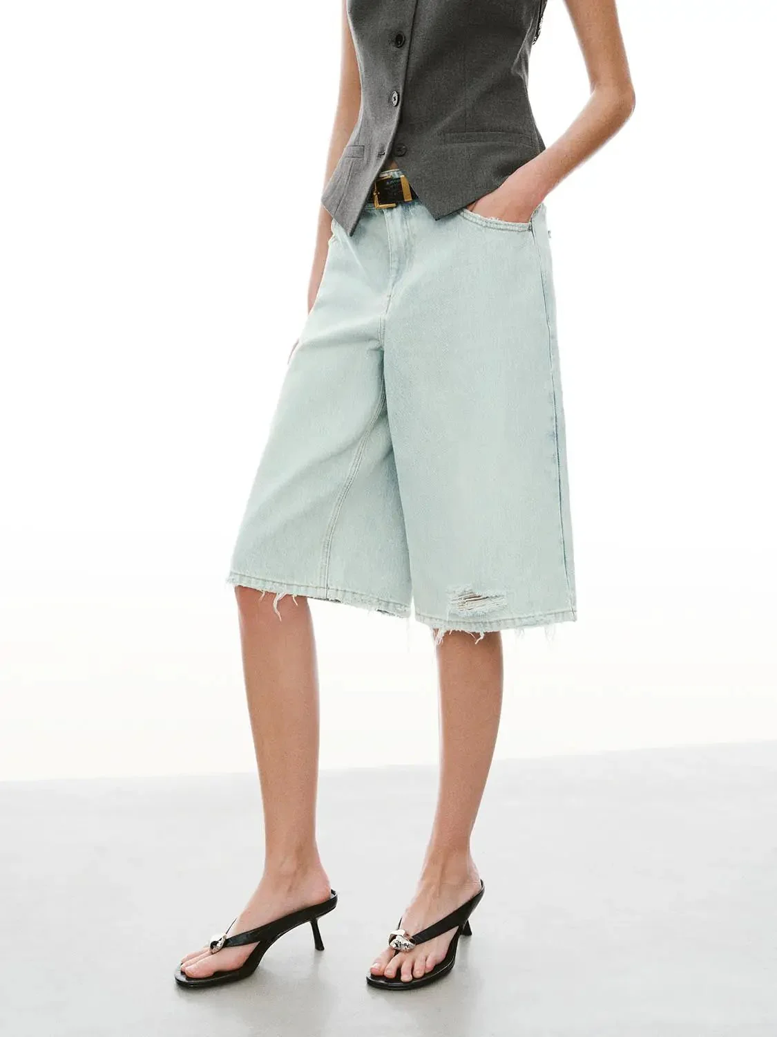 Belted Wide Leg Denim Shorts