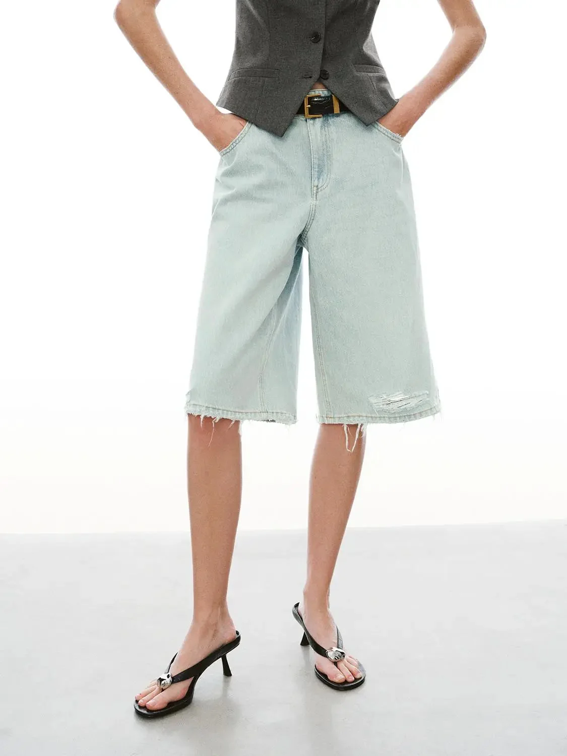 Belted Wide Leg Denim Shorts
