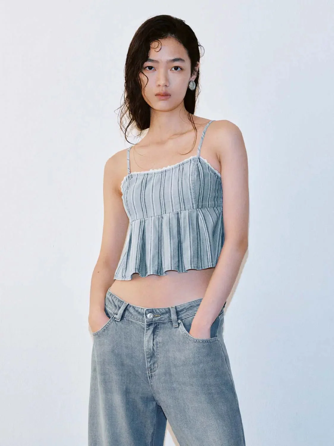 Striped Strappy Pleated Denim Shirts
