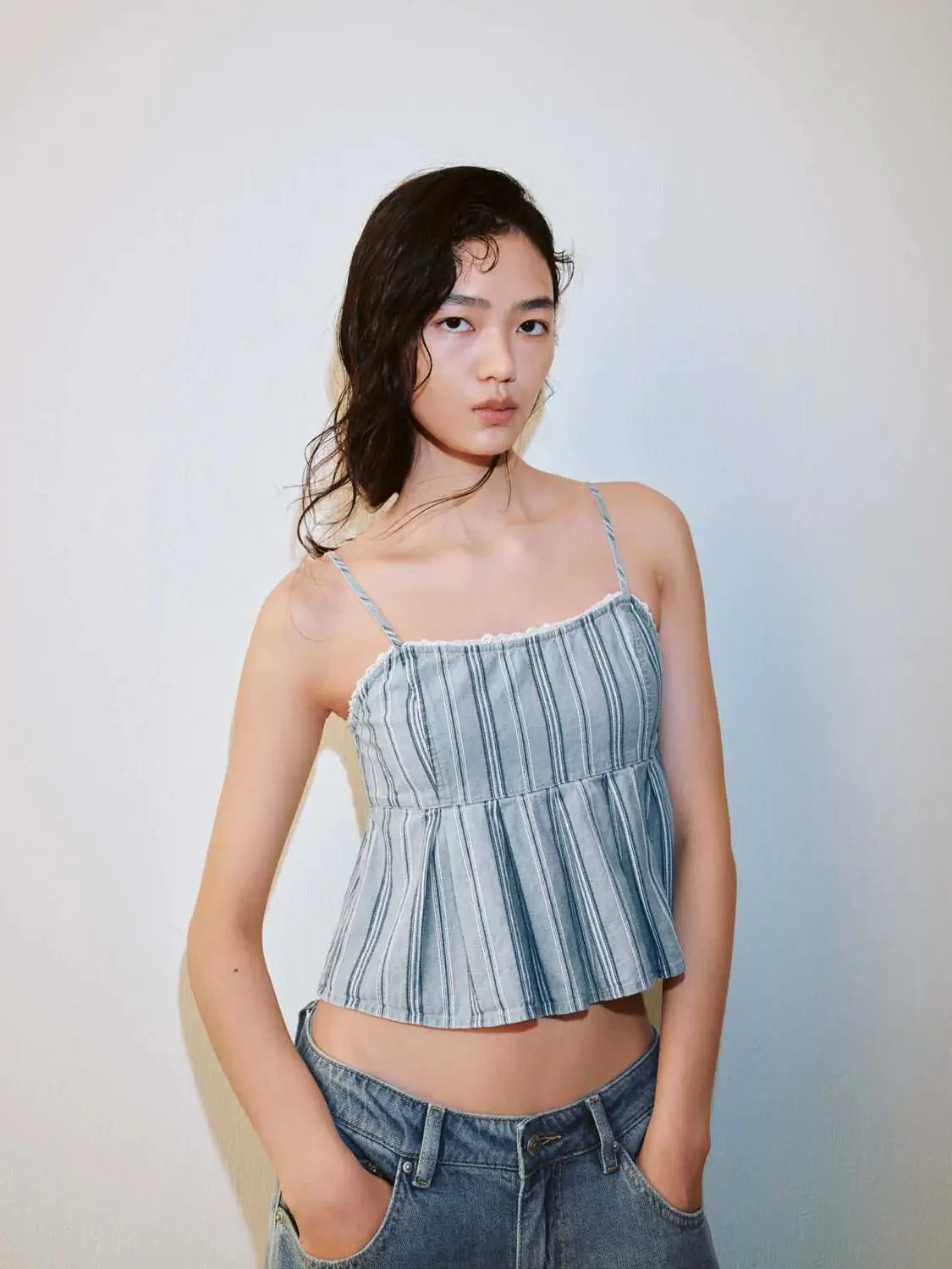 Striped Strappy Pleated Denim Shirts