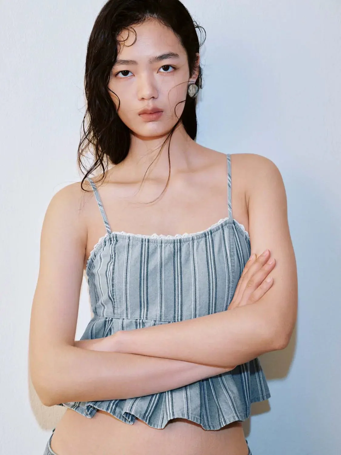 Striped Strappy Pleated Denim Shirts