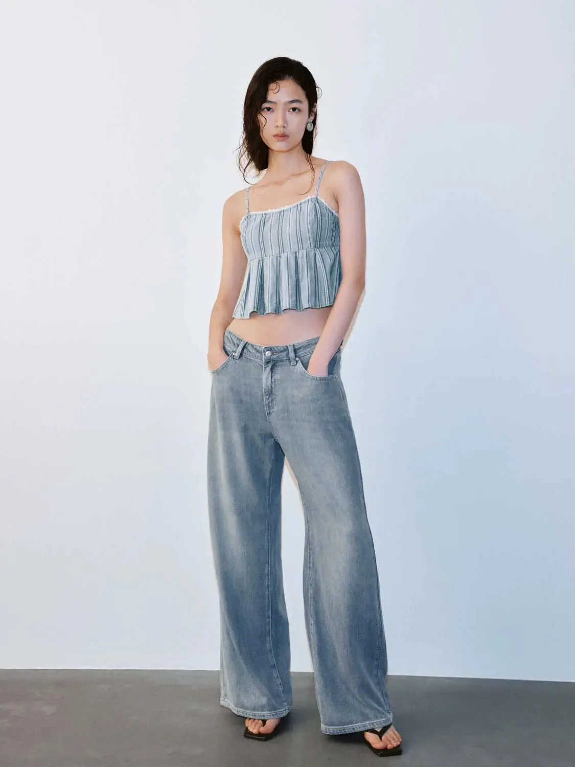 Striped Strappy Pleated Denim Shirts