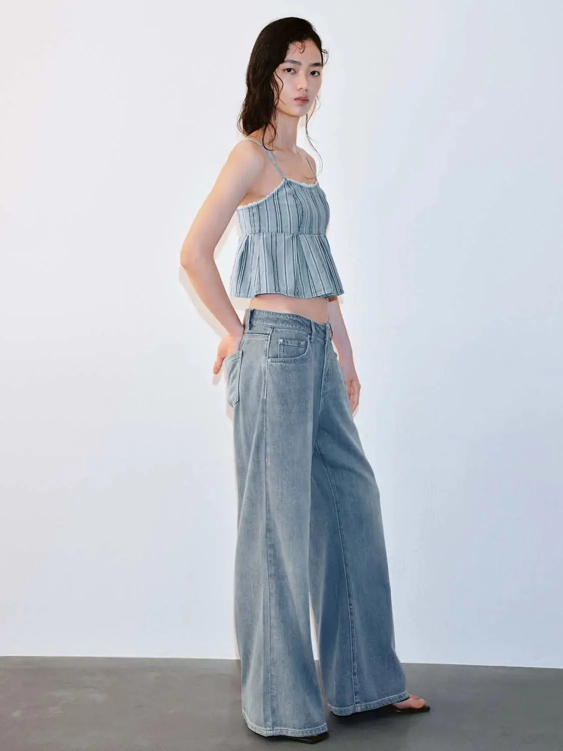 Striped Strappy Pleated Denim Shirts