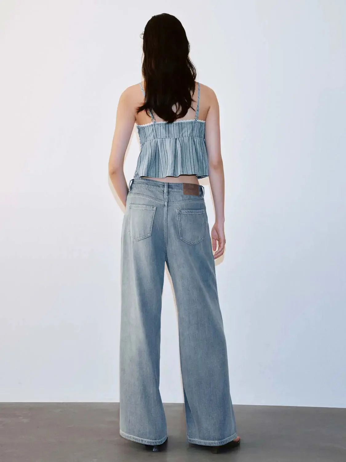 Striped Strappy Pleated Denim Shirts