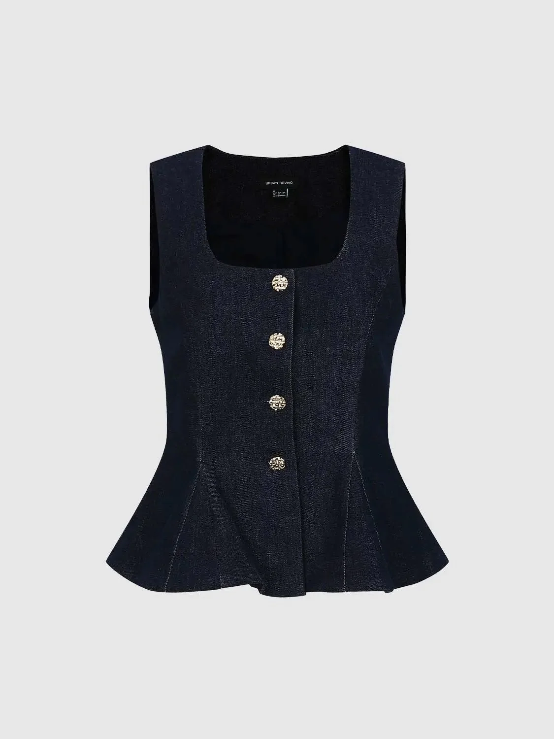 428-square-neck-ruffle-hem-button-detail-sleeveless-denim-shirts-1.webp Square Neck Ruffle Hem Button Detail Sleeveless Denim Shirts