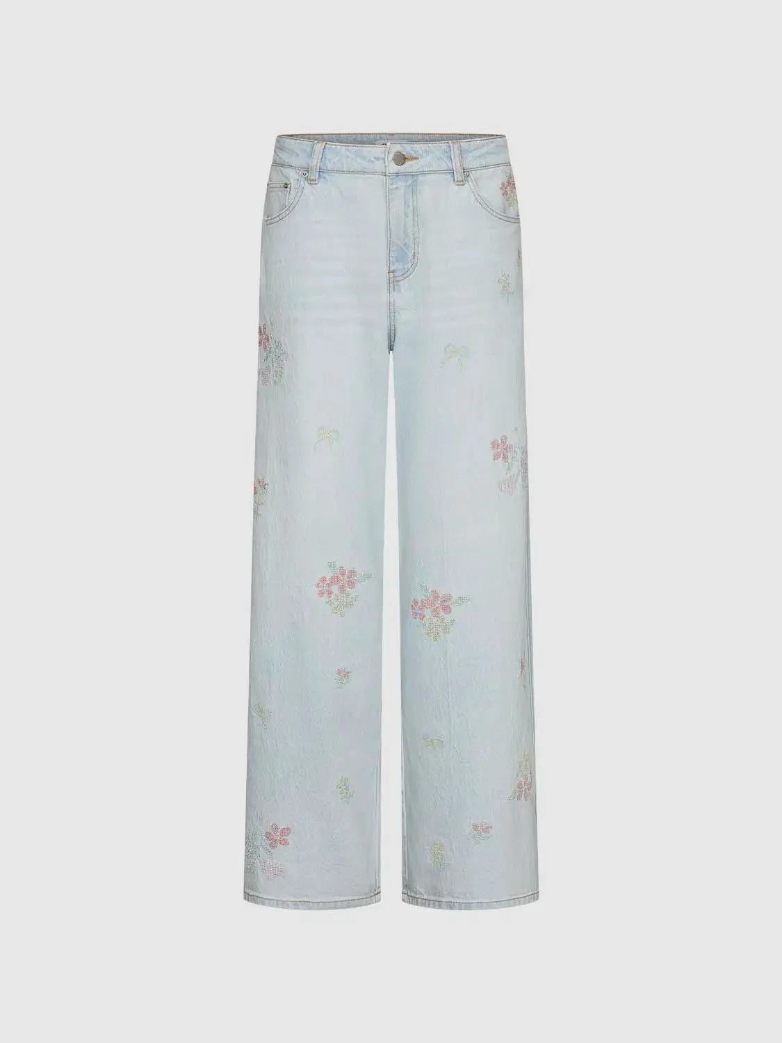 Embroidered Washed Wide Leg Jeans