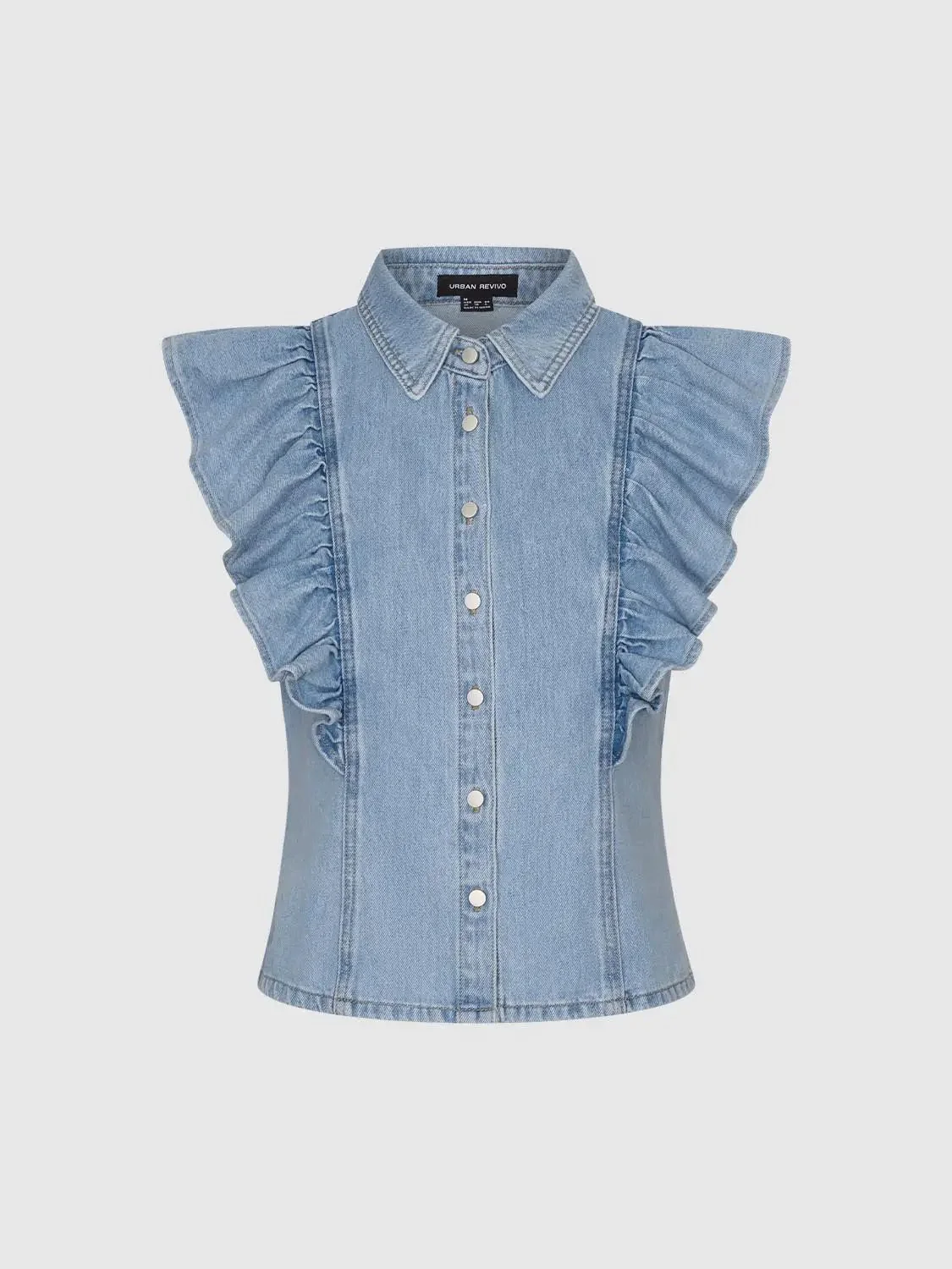 4364-ruffle-capped-sleeve-button-detail-denim-shirts-1.webp Ruffle Capped Sleeve Button Detail Denim Shirts