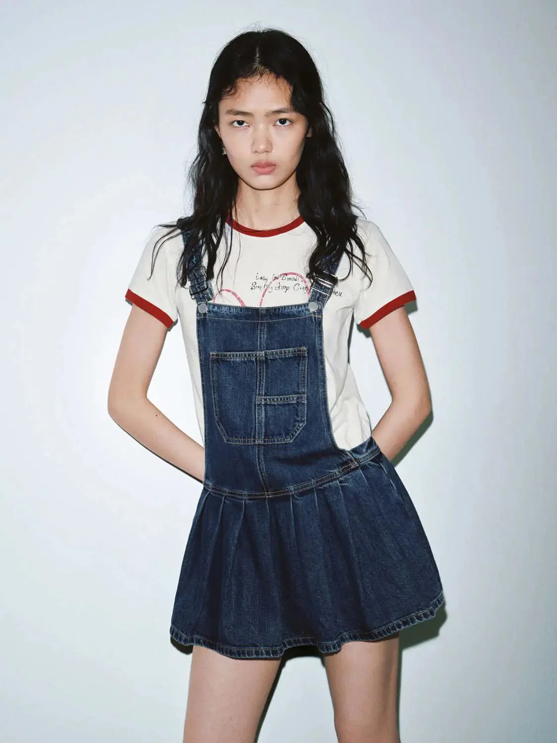 Cotton Denim Pinafore Pleated Mini Dresses