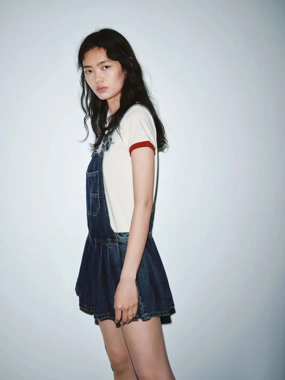 Cotton Denim Pinafore Pleated Mini Dresses