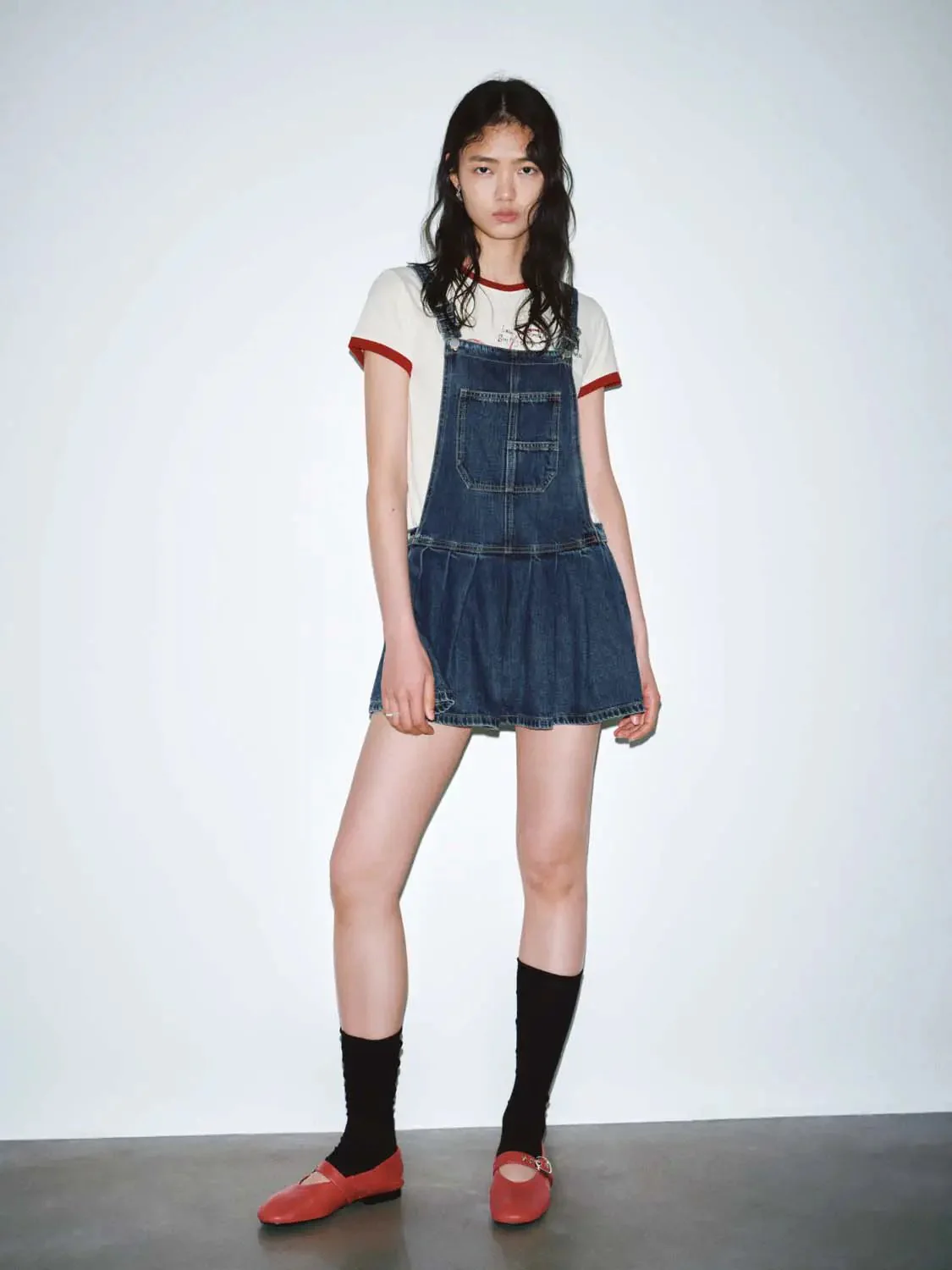Cotton Denim Pinafore Pleated Mini Dresses