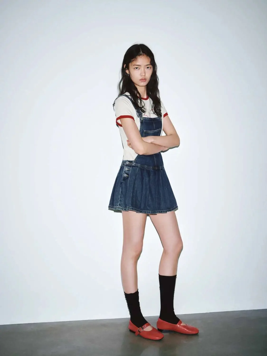 Cotton Denim Pinafore Pleated Mini Dresses