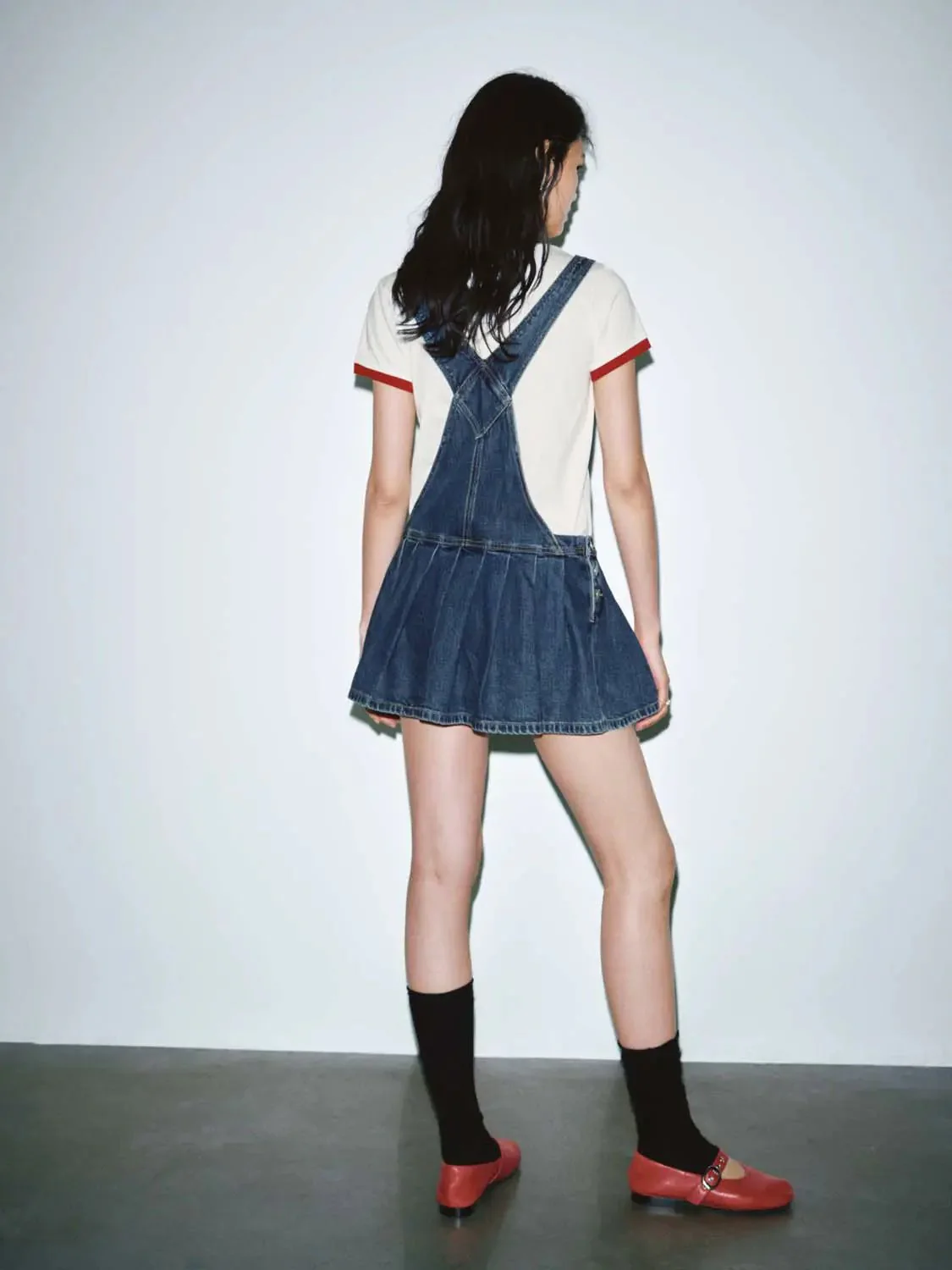 Cotton Denim Pinafore Pleated Mini Dresses