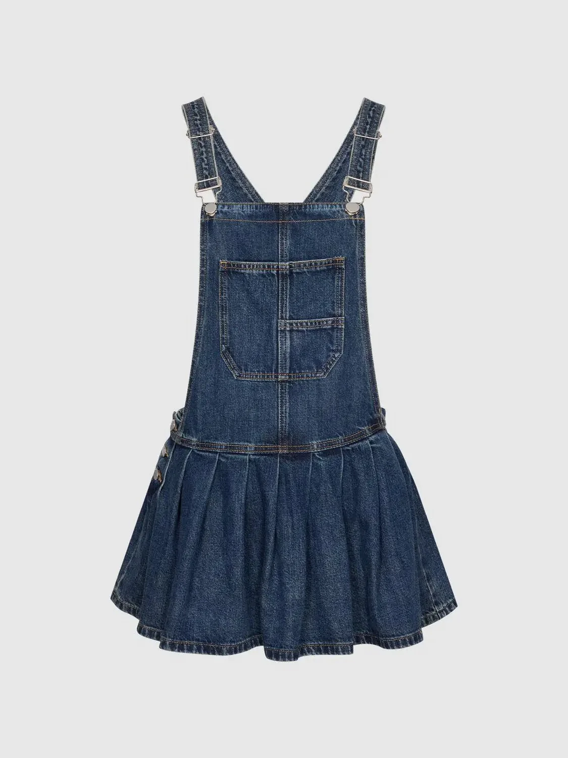 Cotton Denim Pinafore Pleated Mini Dresses