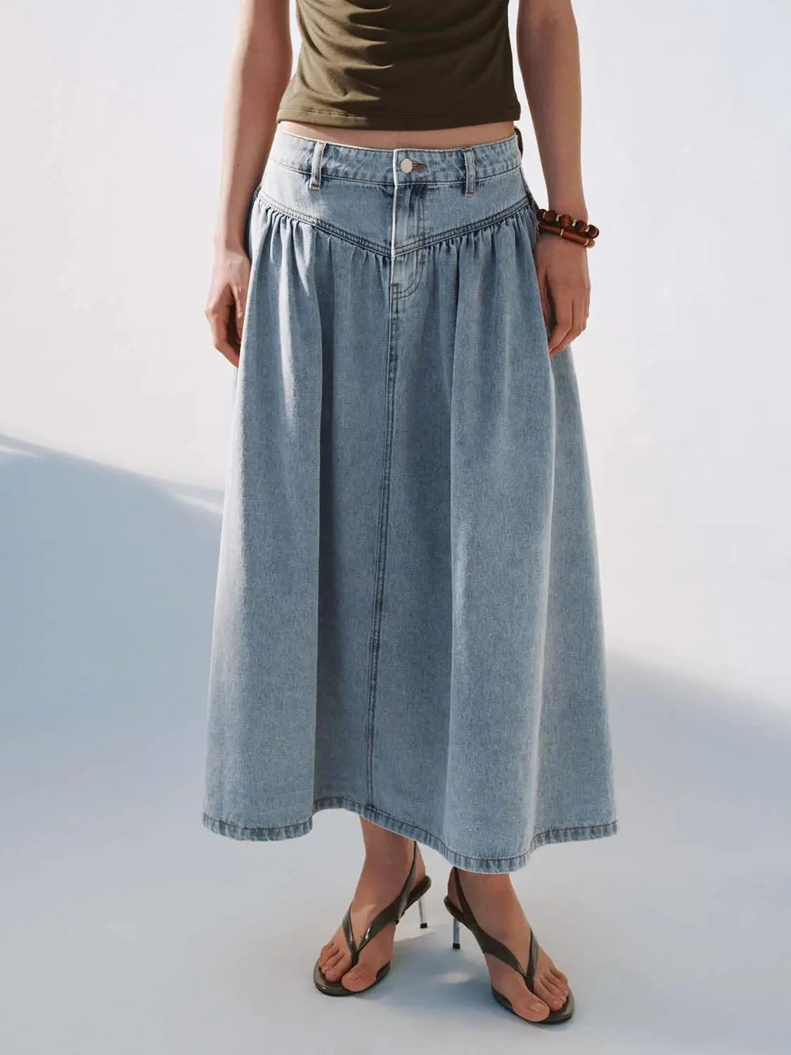 454-cotton-shirring-detail-denim-aline-midi-skirts-1.webp Cotton Shirring Detail Denim Aline Midi Skirts