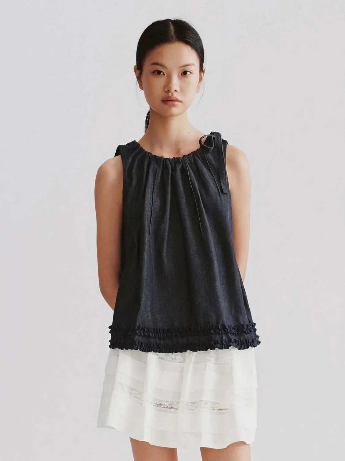 Ruffle Trim Sleeveless Denim Shirts