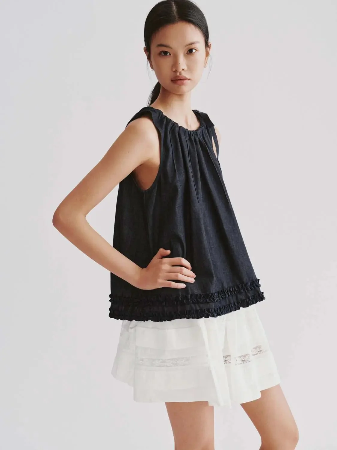 Ruffle Trim Sleeveless Denim Shirts