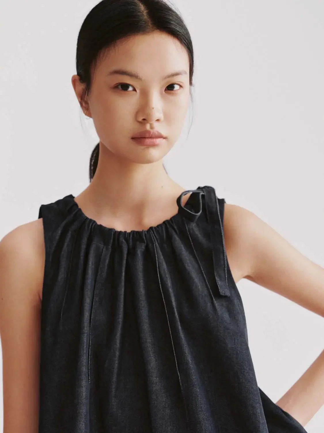 Ruffle Trim Sleeveless Denim Shirts