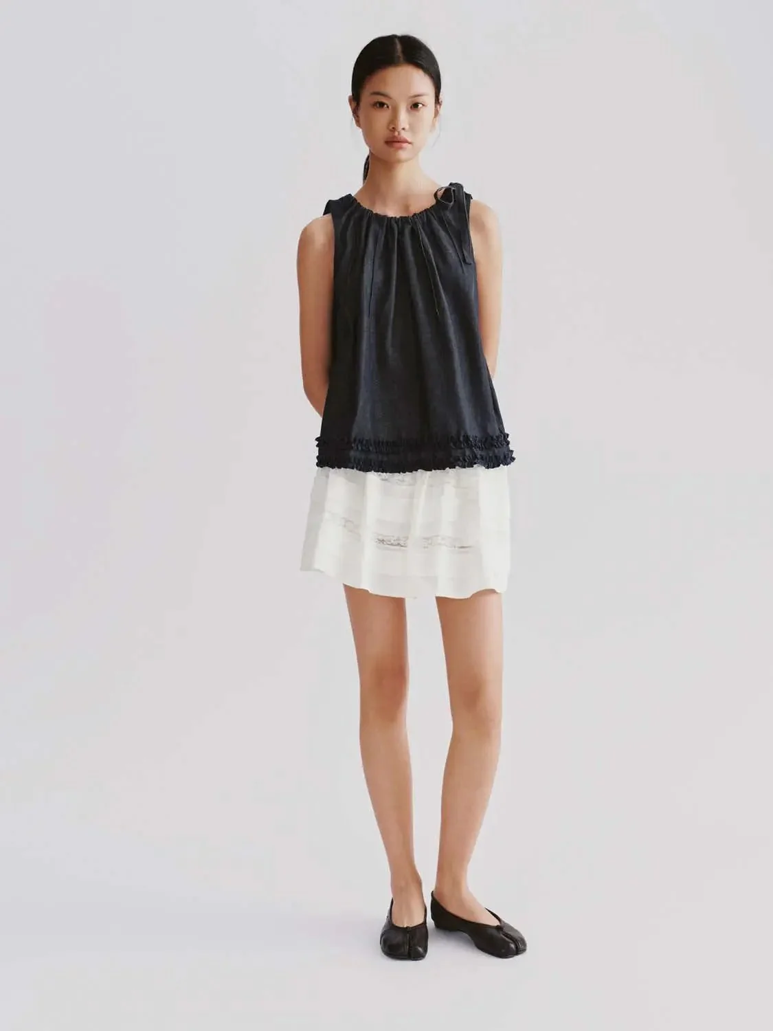 Ruffle Trim Sleeveless Denim Shirts