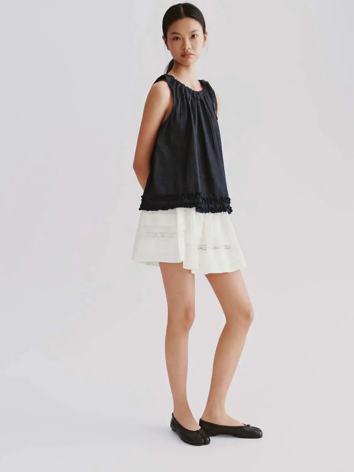 Ruffle Trim Sleeveless Denim Shirts