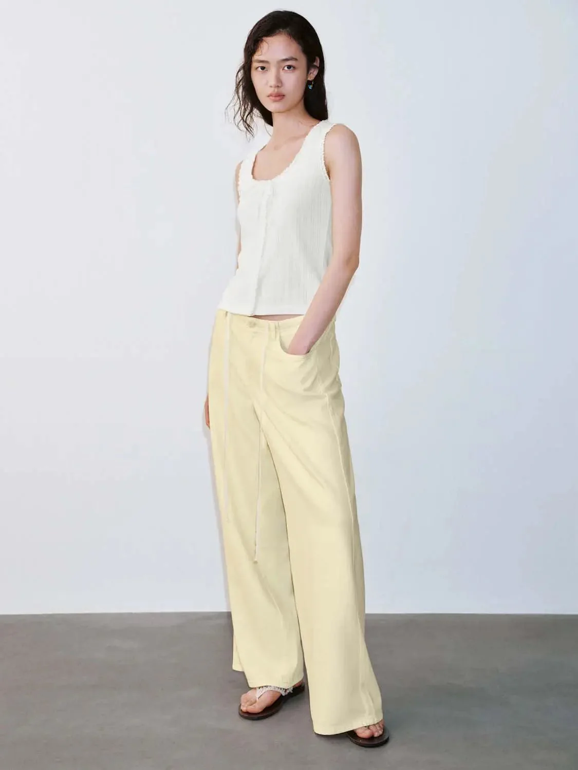 Lyocell Cotton Lace String Wide Leg Jeans