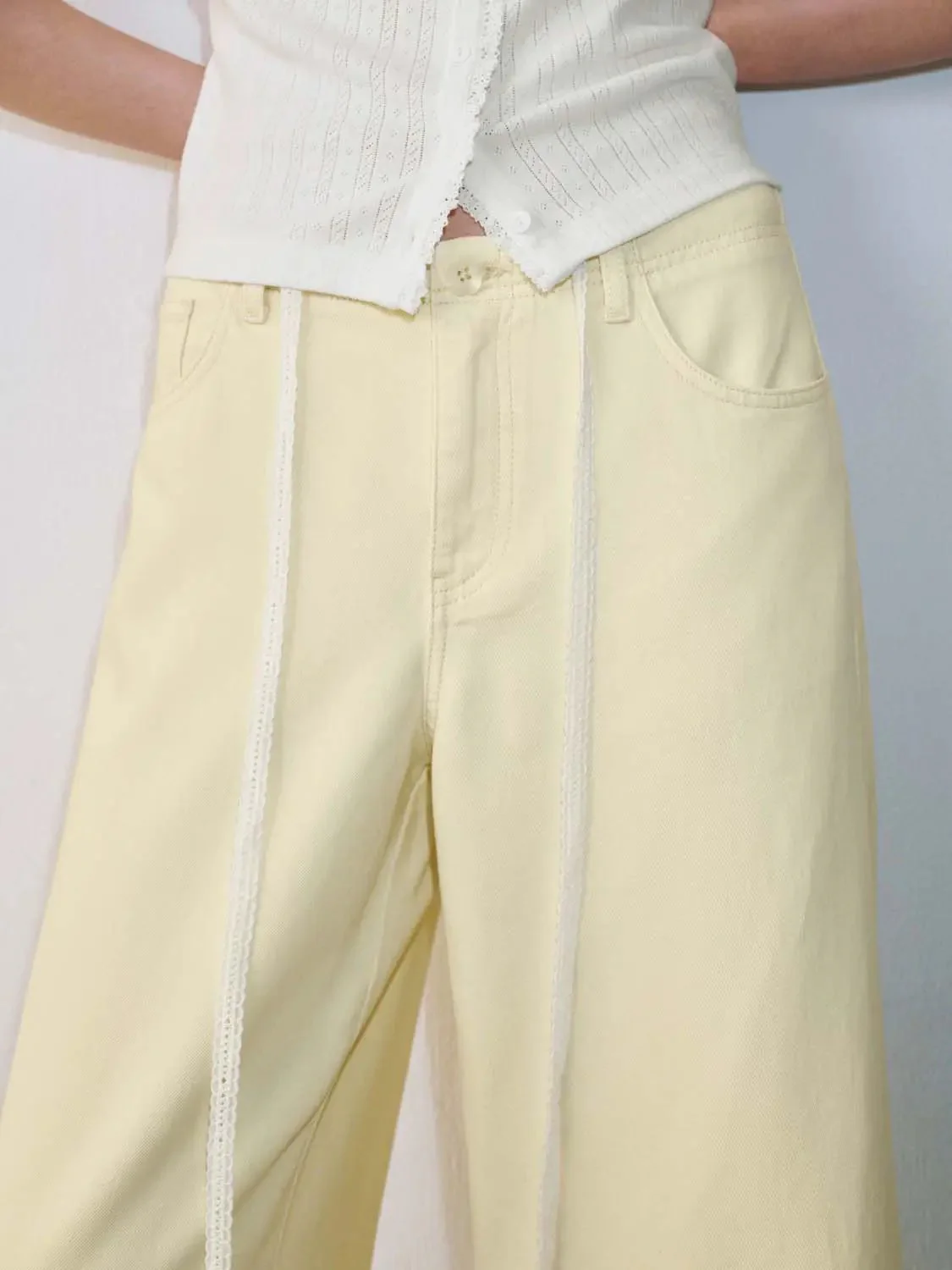 Lyocell Cotton Lace String Wide Leg Jeans