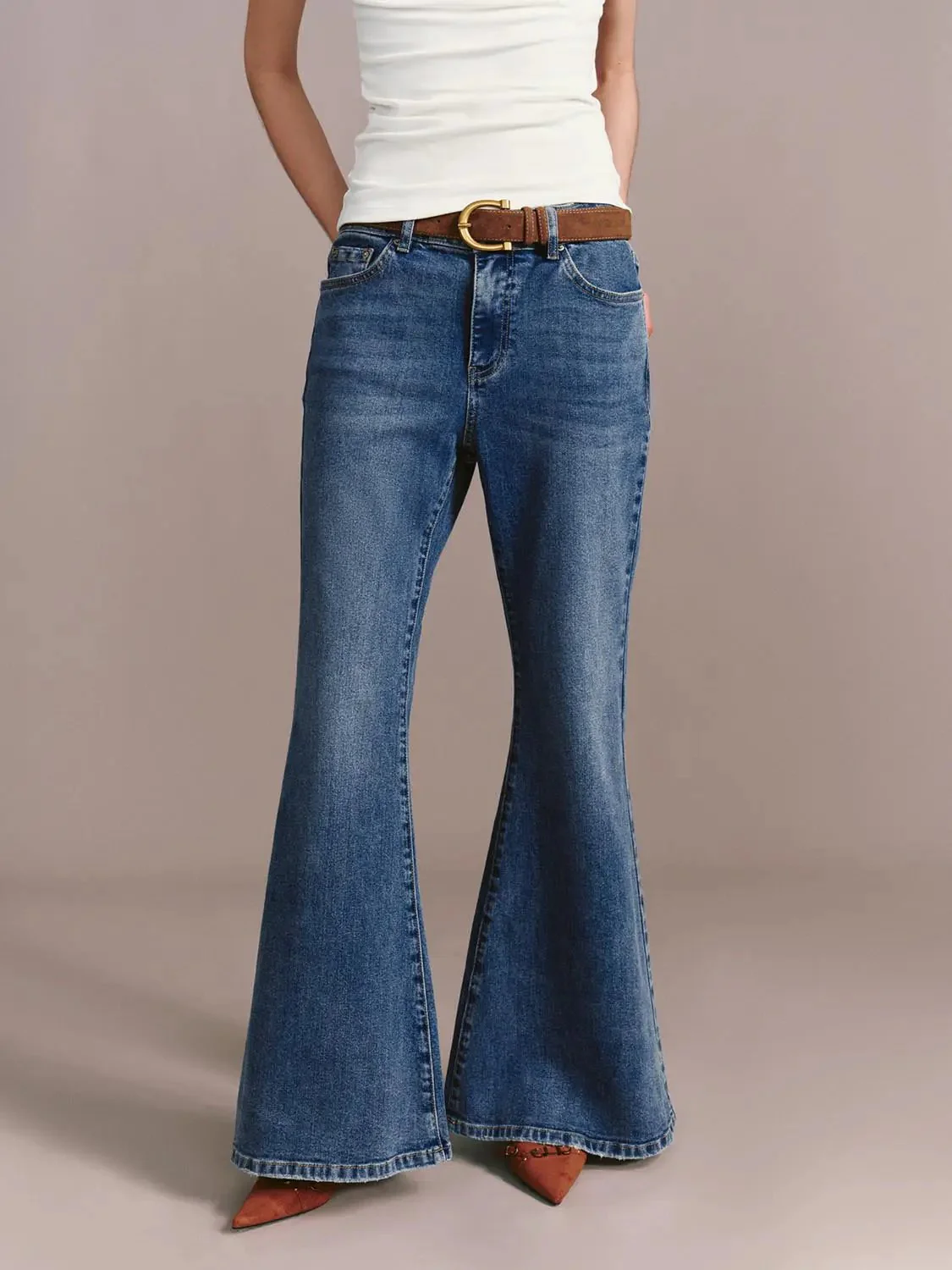 474-belted-flare-leg-jeans-non-stretch-denim-medium-thickness-1.webp Belted Flare Leg Jeans Non Stretch Denim Medium Thickness