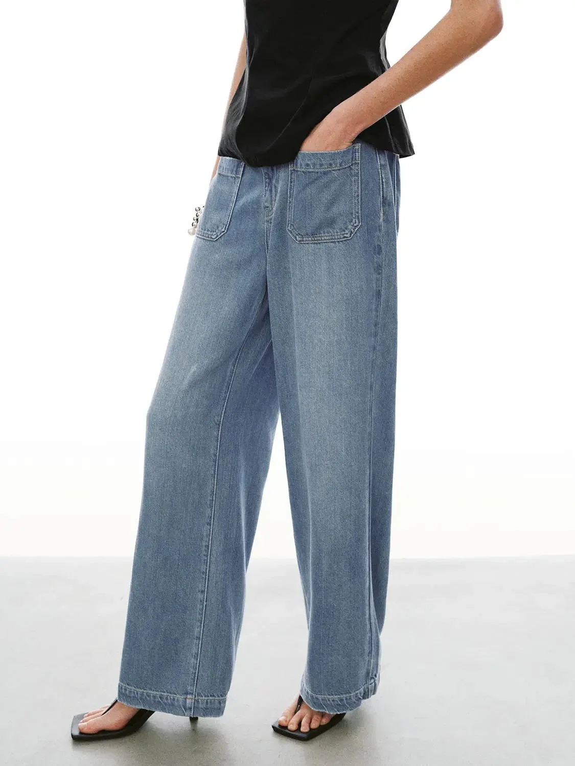 Viscose Cotton Blend Patch Pocket Wide Leg Jeans