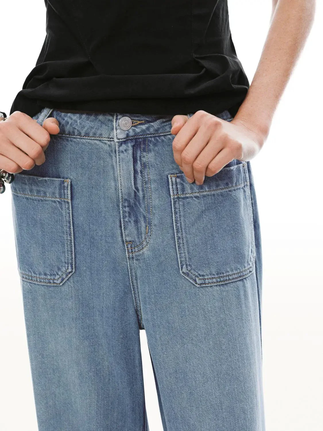 Viscose Cotton Blend Patch Pocket Wide Leg Jeans