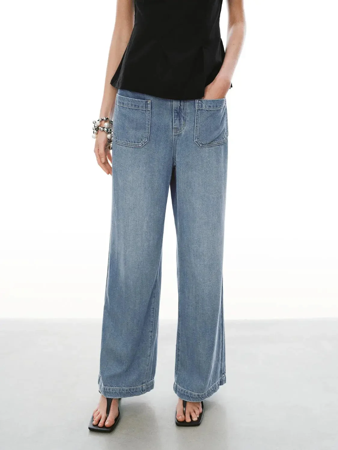 Viscose Cotton Blend Patch Pocket Wide Leg Jeans
