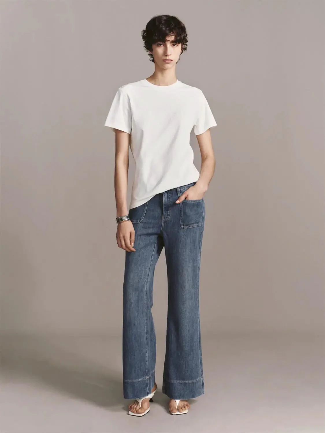 Patch Pocket Stitch Detail Flare Leg Jeans Denim