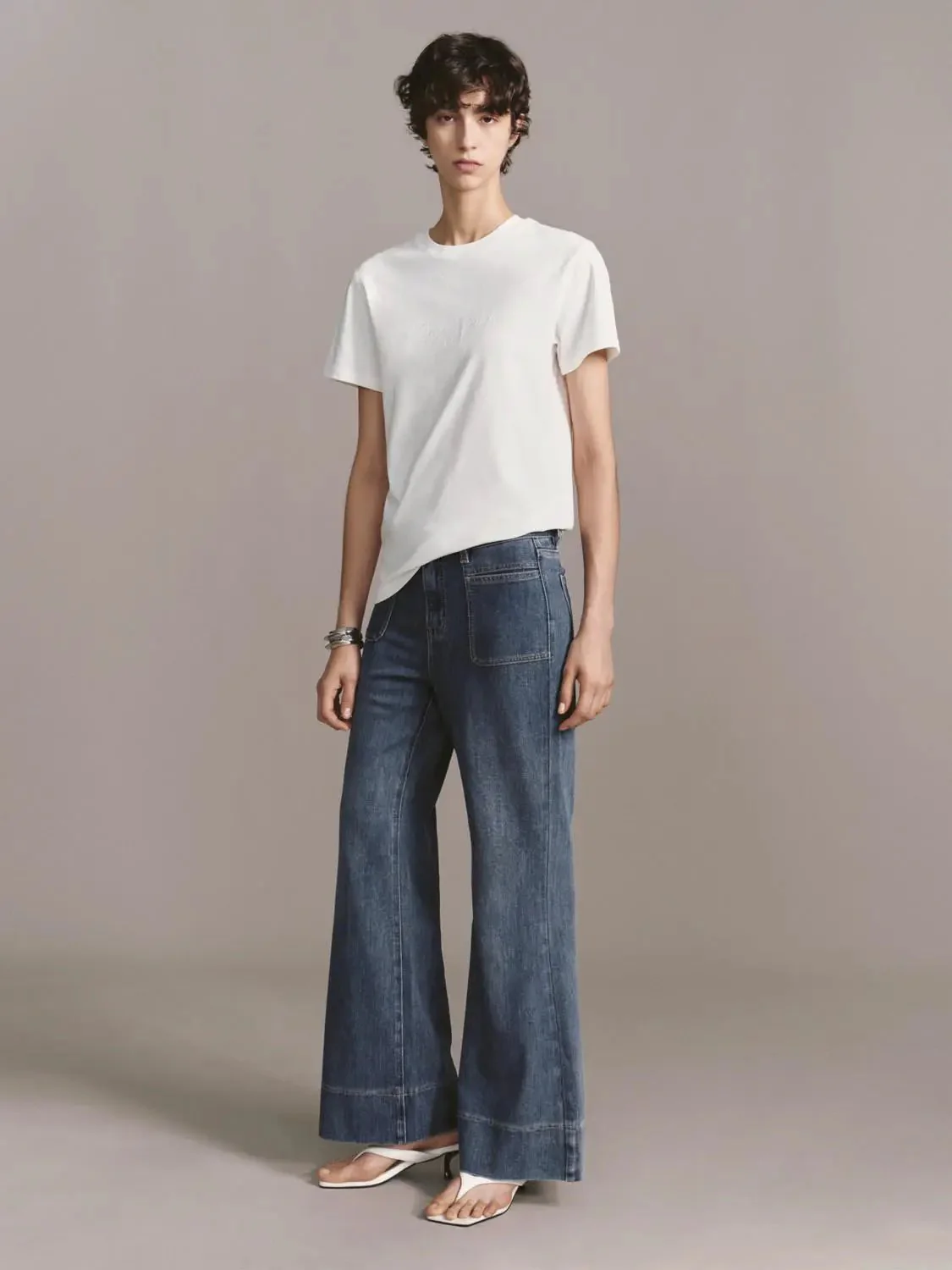 Patch Pocket Stitch Detail Flare Leg Jeans Denim
