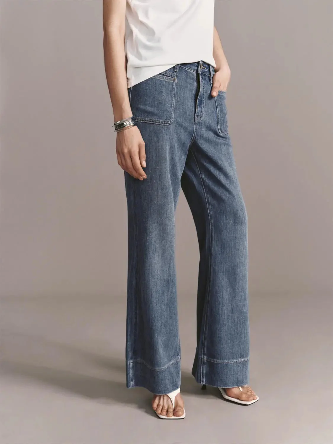 Patch Pocket Stitch Detail Flare Leg Jeans Denim