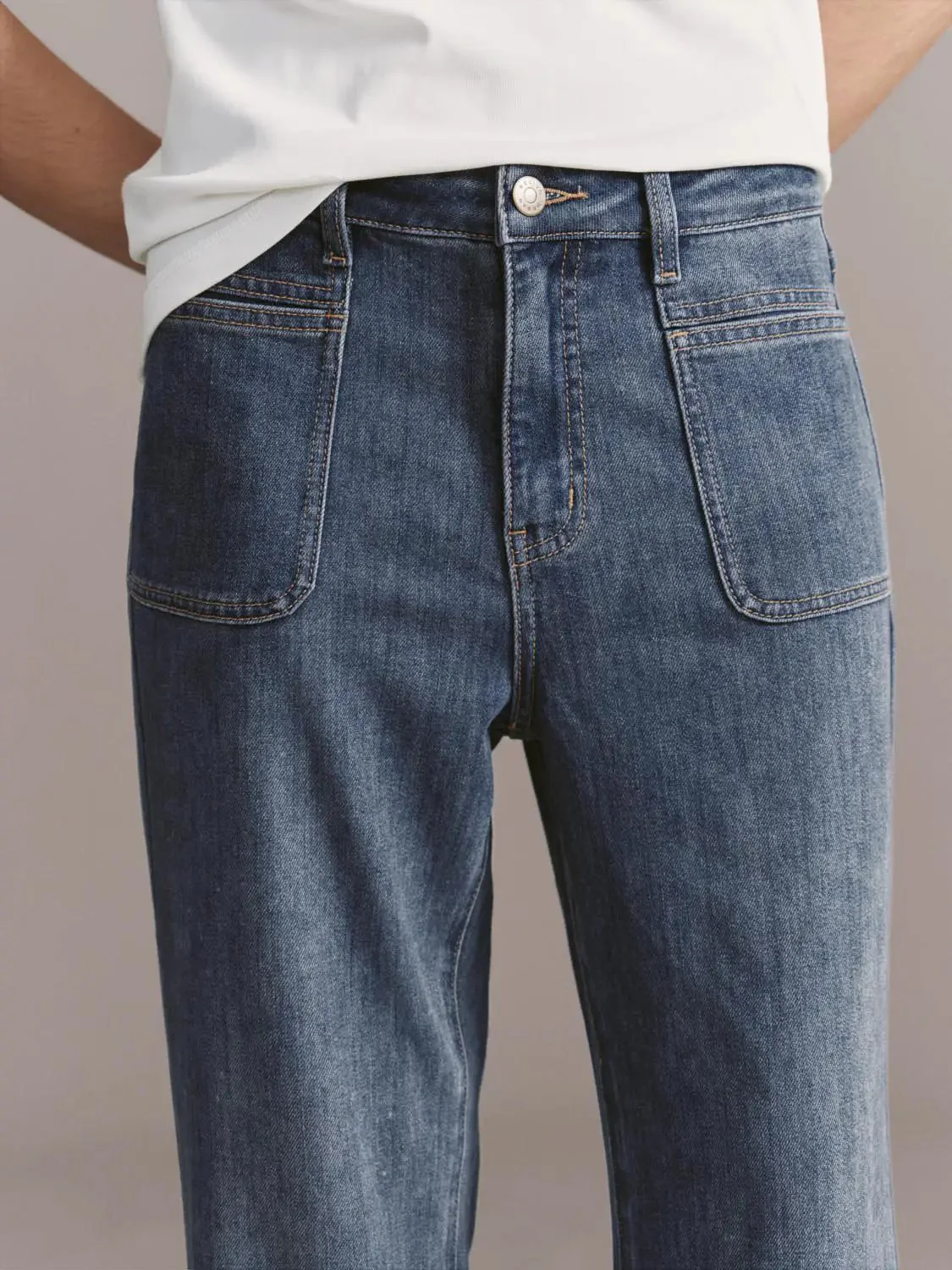 Patch Pocket Stitch Detail Flare Leg Jeans Denim