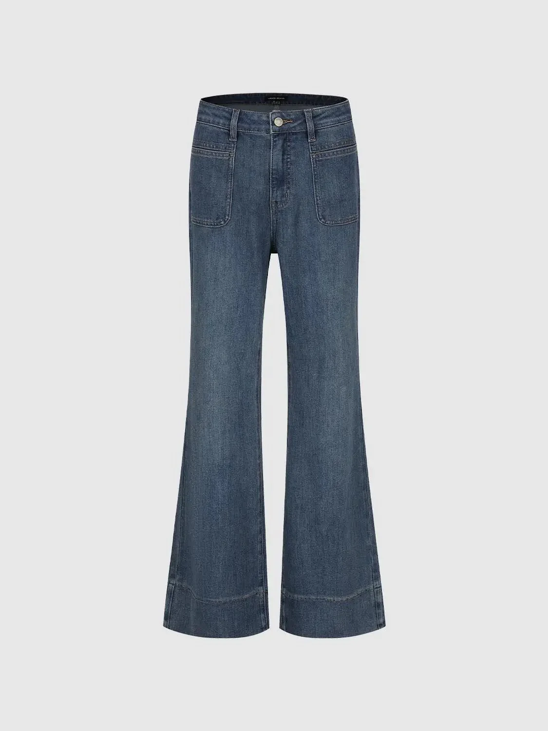 Patch Pocket Stitch Detail Flare Leg Jeans Denim