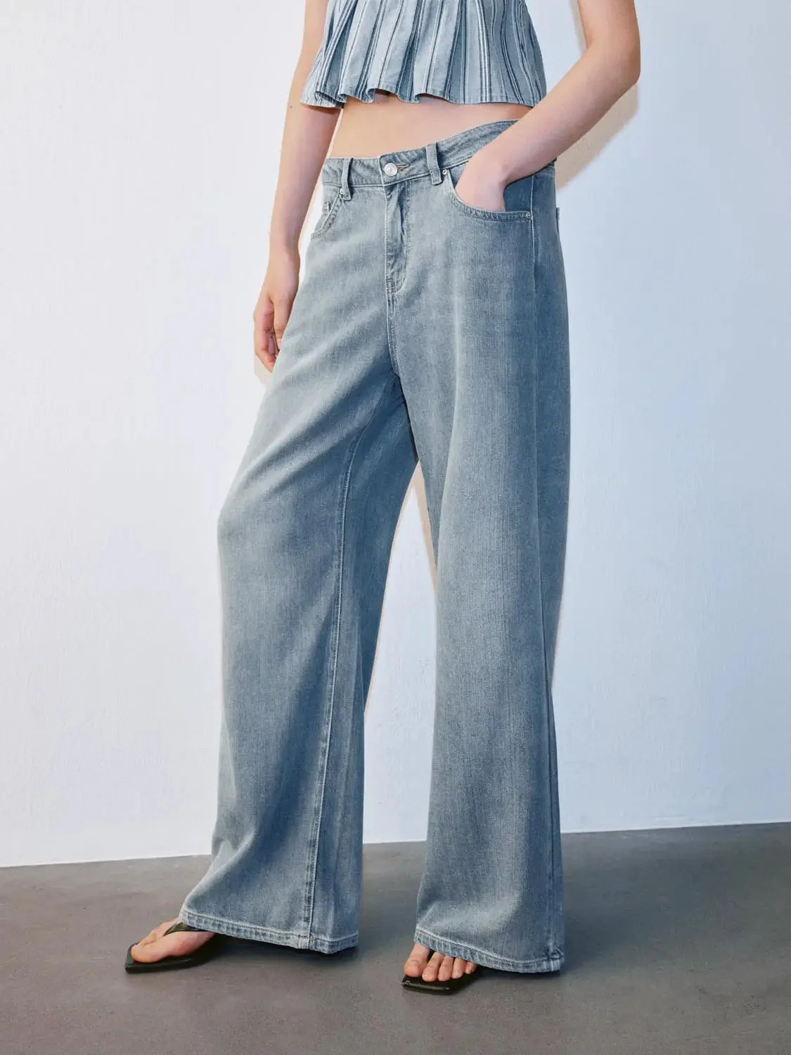 Wide Leg Jeans Non Stretch Denim With Comfortable Fit
