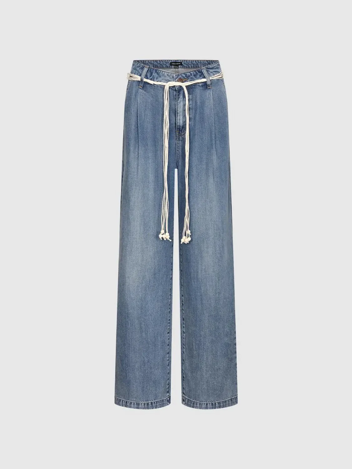 String Belt Wide Leg Jeans With Slight Stretch Medium Thickness