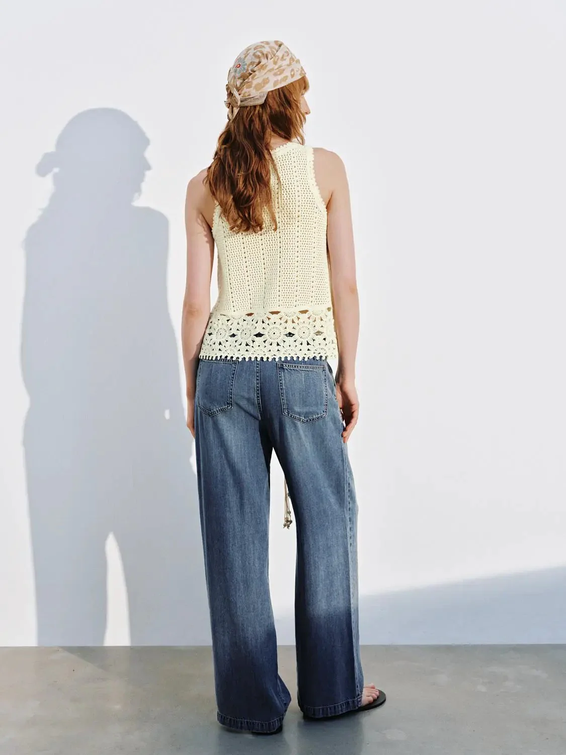String Belt Wide Leg Jeans With Slight Stretch Medium Thickness