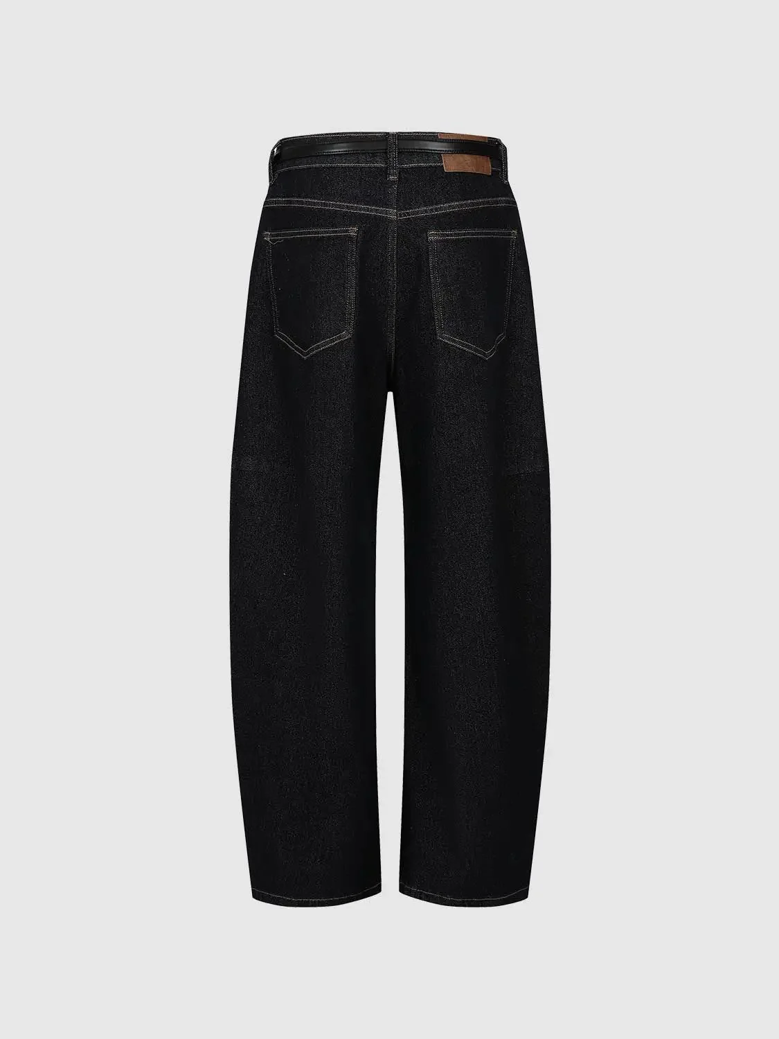 Belted Barrel Leg Jeans With Slight Stretch Denim Fabric