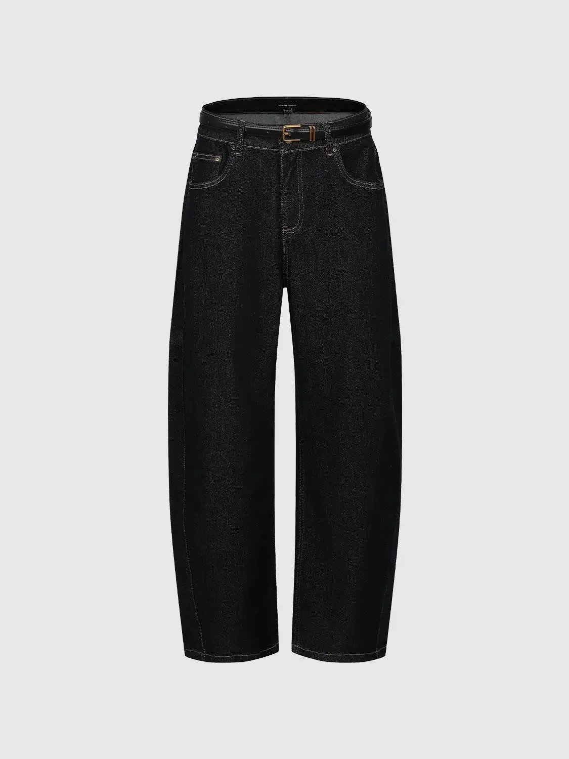 Belted Barrel Leg Jeans With Slight Stretch Denim Fabric